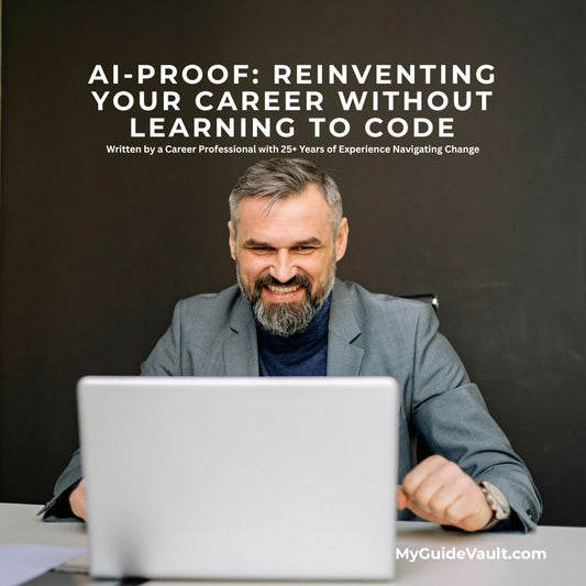Man sitting at a desk with a laptop, with text overlay about reinventing a career without learning to code.