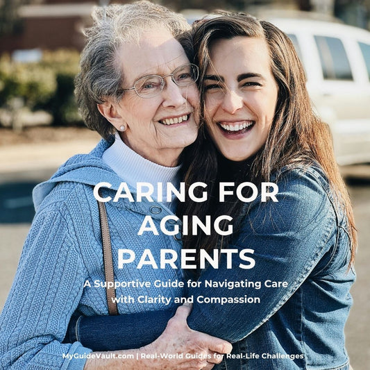 Two people hugging with text overlay about caring for aging parents.