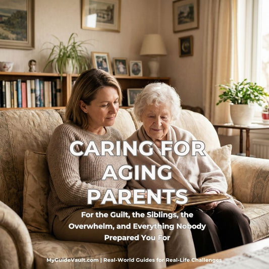 Woman and elderly woman reading a book together on a couch with text overlay about caring for aging parents.