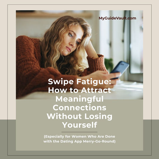 Woman using a phone with text overlay about attracting meaningful connections.