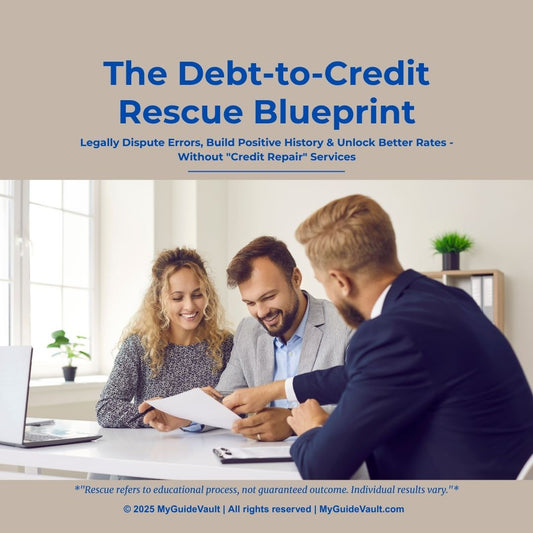 Book cover of 'The Debt-to-Credit Rescue Blueprint' with a professional setting and text about dispute errors and better rates.
